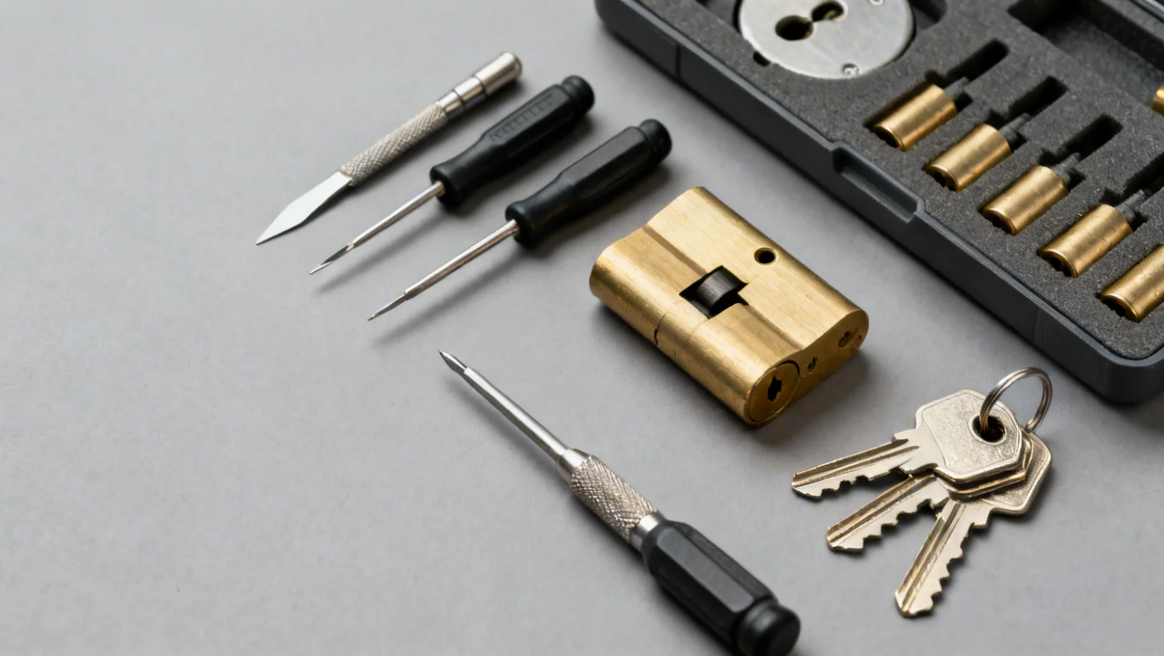 Outils de serrurerie disposés sur une surface de travail